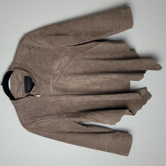 BCBGMaxAzria Faux Suede Jacket Moto Style Perforated Hi Lo Scalloped Front Hem - Picture 2 of 13
